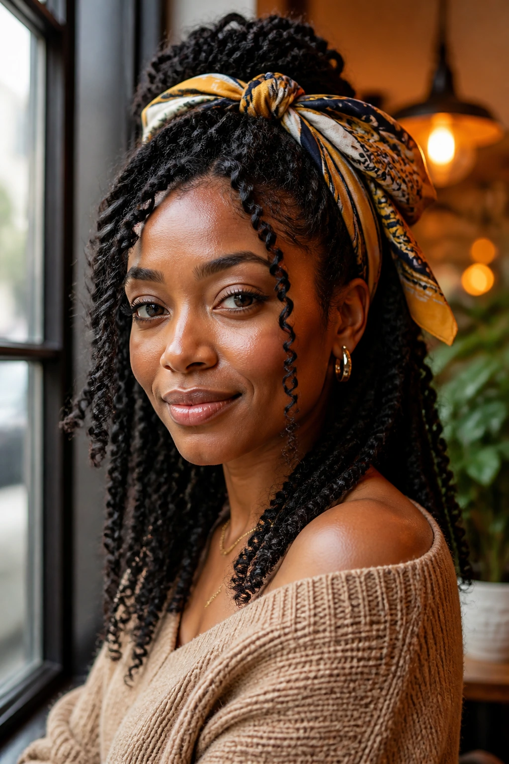 Close-up of a woman with scarf-tied spring twists framing her hairline.