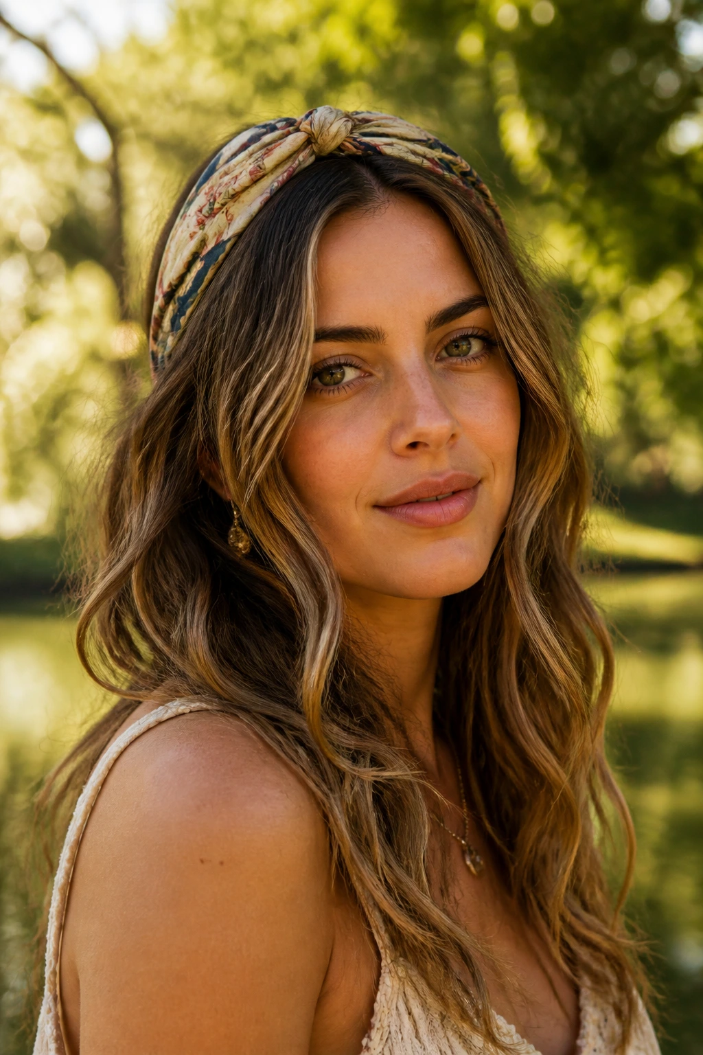 Close-up of a woman with scarf-tied waves and bohemian style