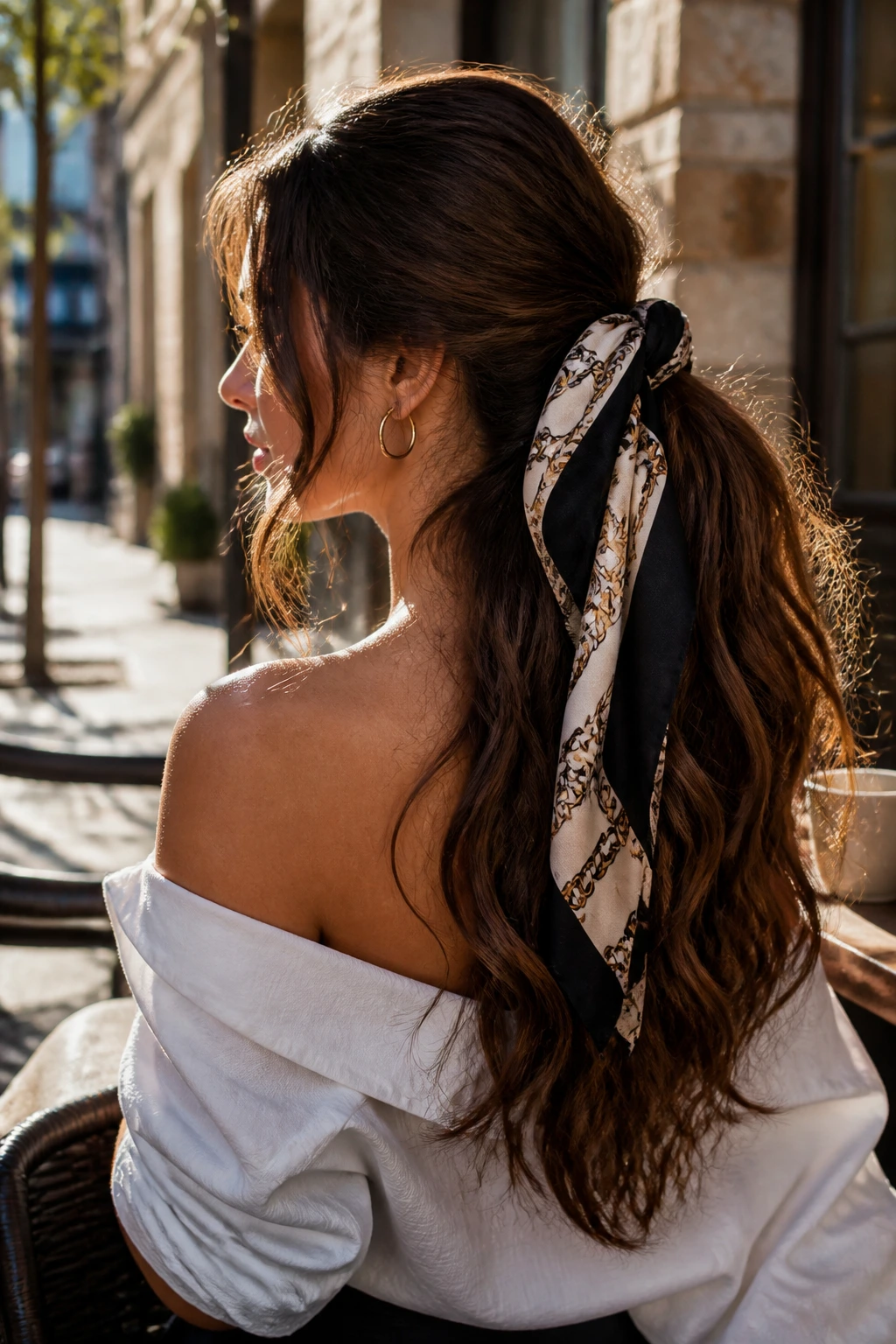 Portrait of a woman with scarf-tied waves in a sunlit cafe setting