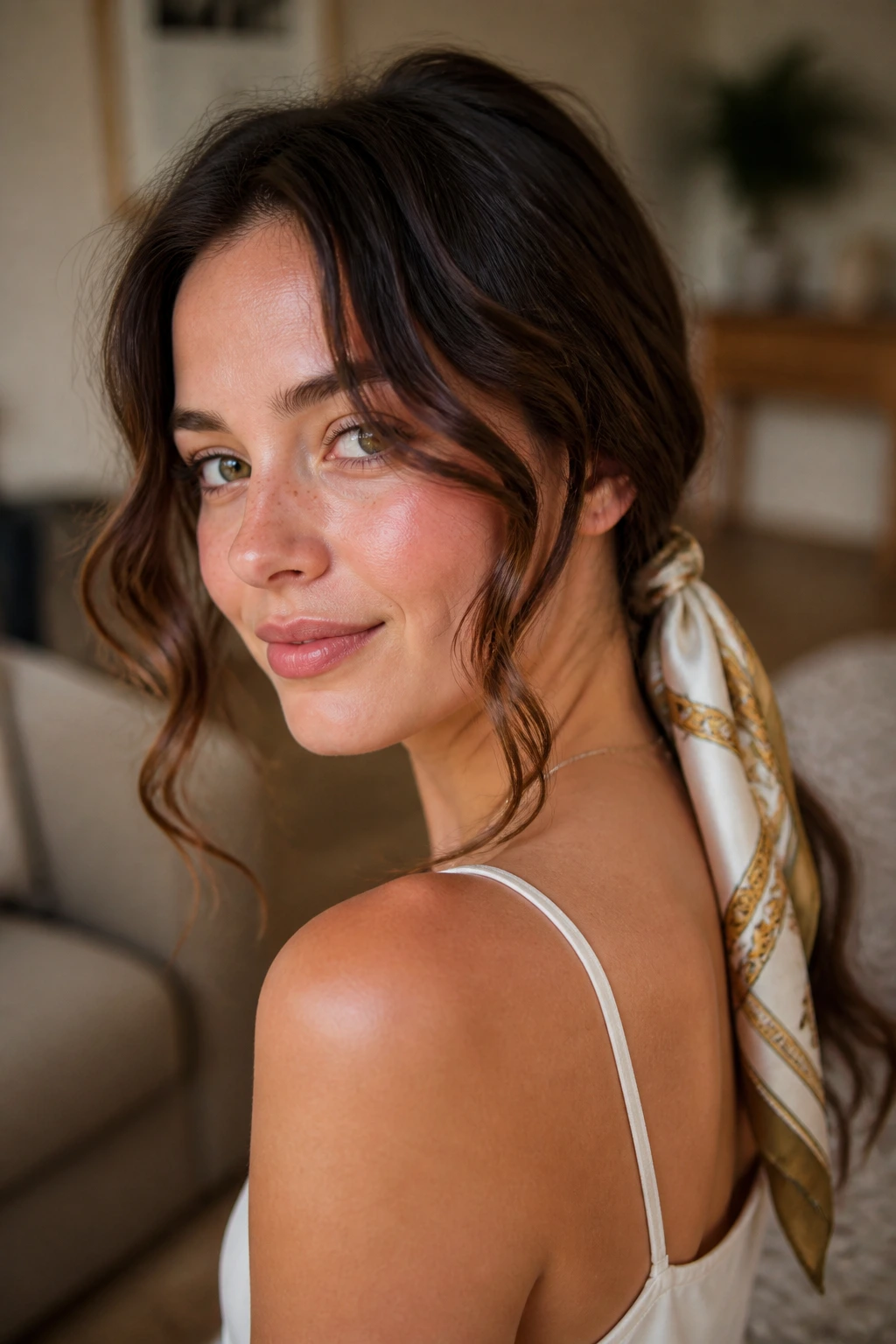 Close-up portrait of a woman with waves softened by a scarf tied at the nape