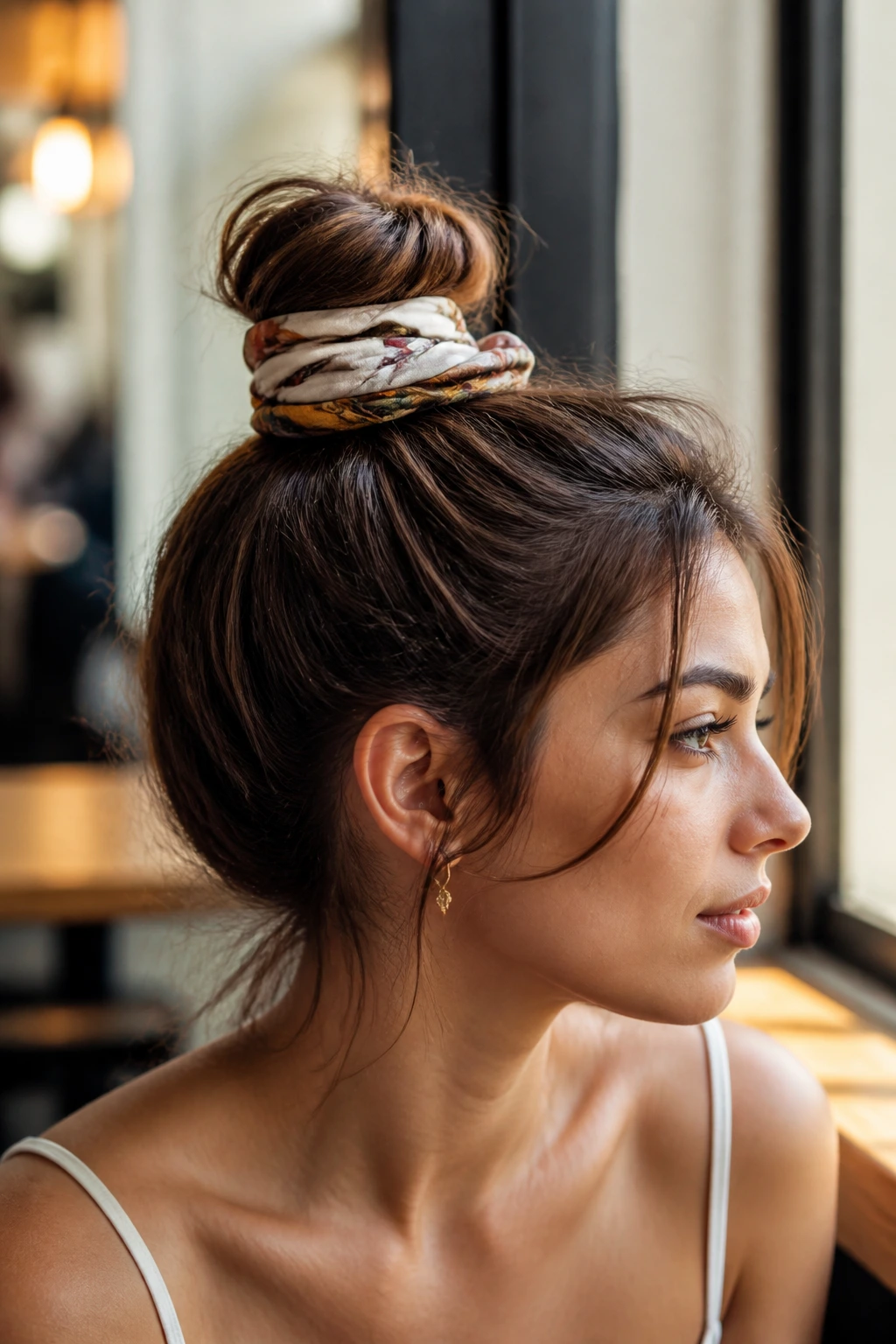 Close-up of a real woman with a scarf-wrapped top knot
