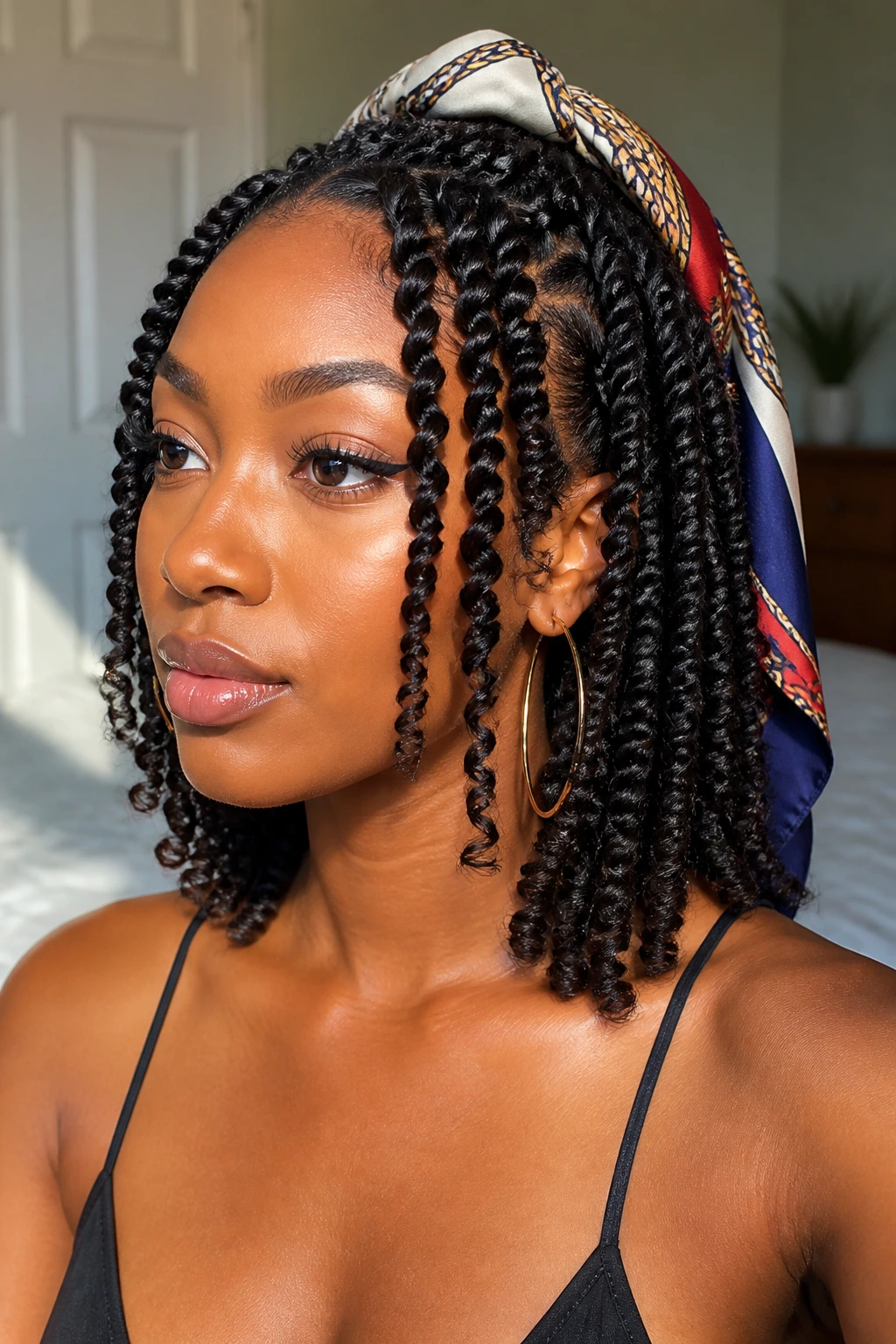 Close-up of real woman wearing scarf-accent spring twists with crown scarf
