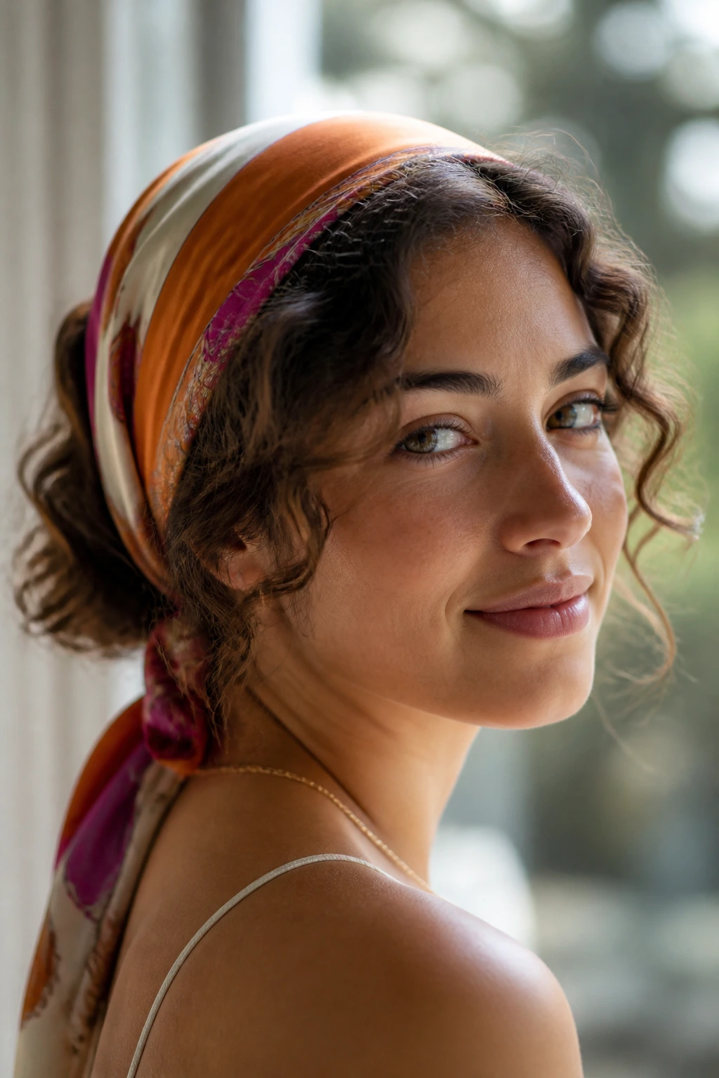 Close-up of a real woman with scarf-wrapped waves and a colorful scarf around the head.