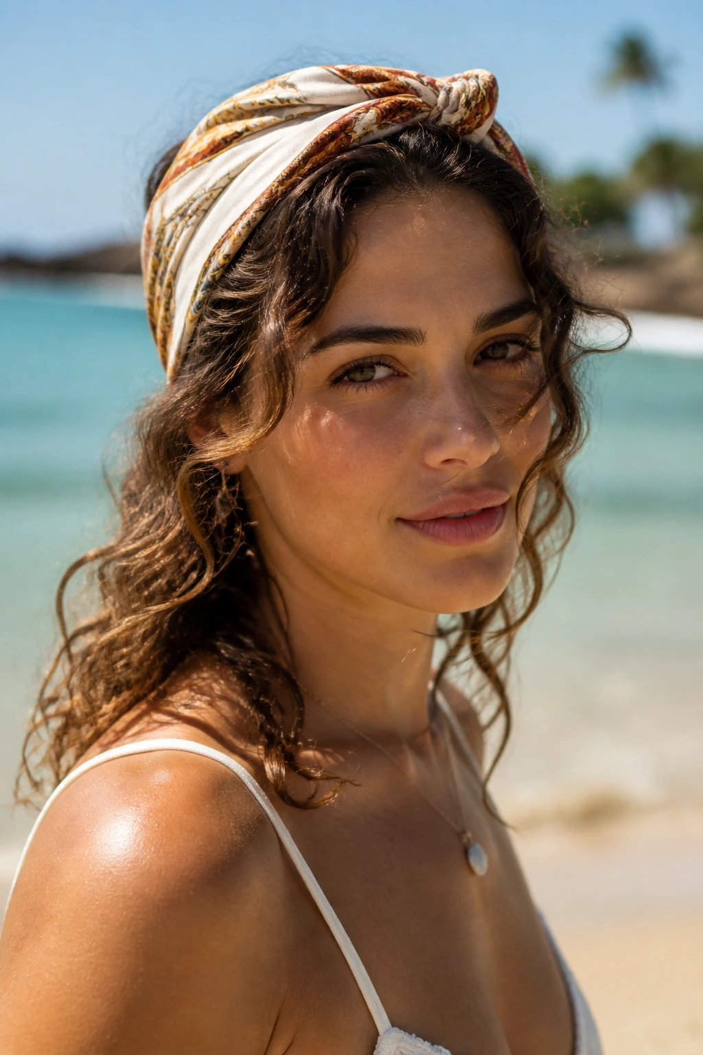 Close-up of a real woman with a scarf-tied head and vacation waves on her hair at the beach