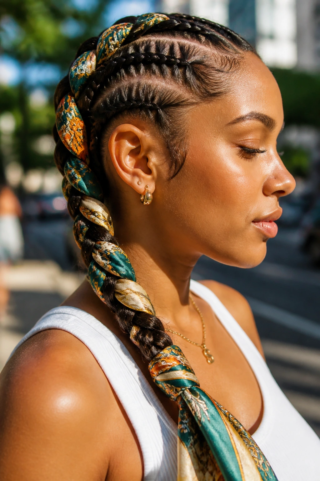 Close-up of a woman wearing a scarf-woven braid outdoors