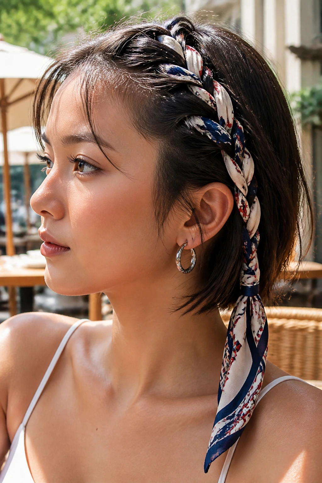 Close-up of a real woman with a scarf woven into a braid on short hair.