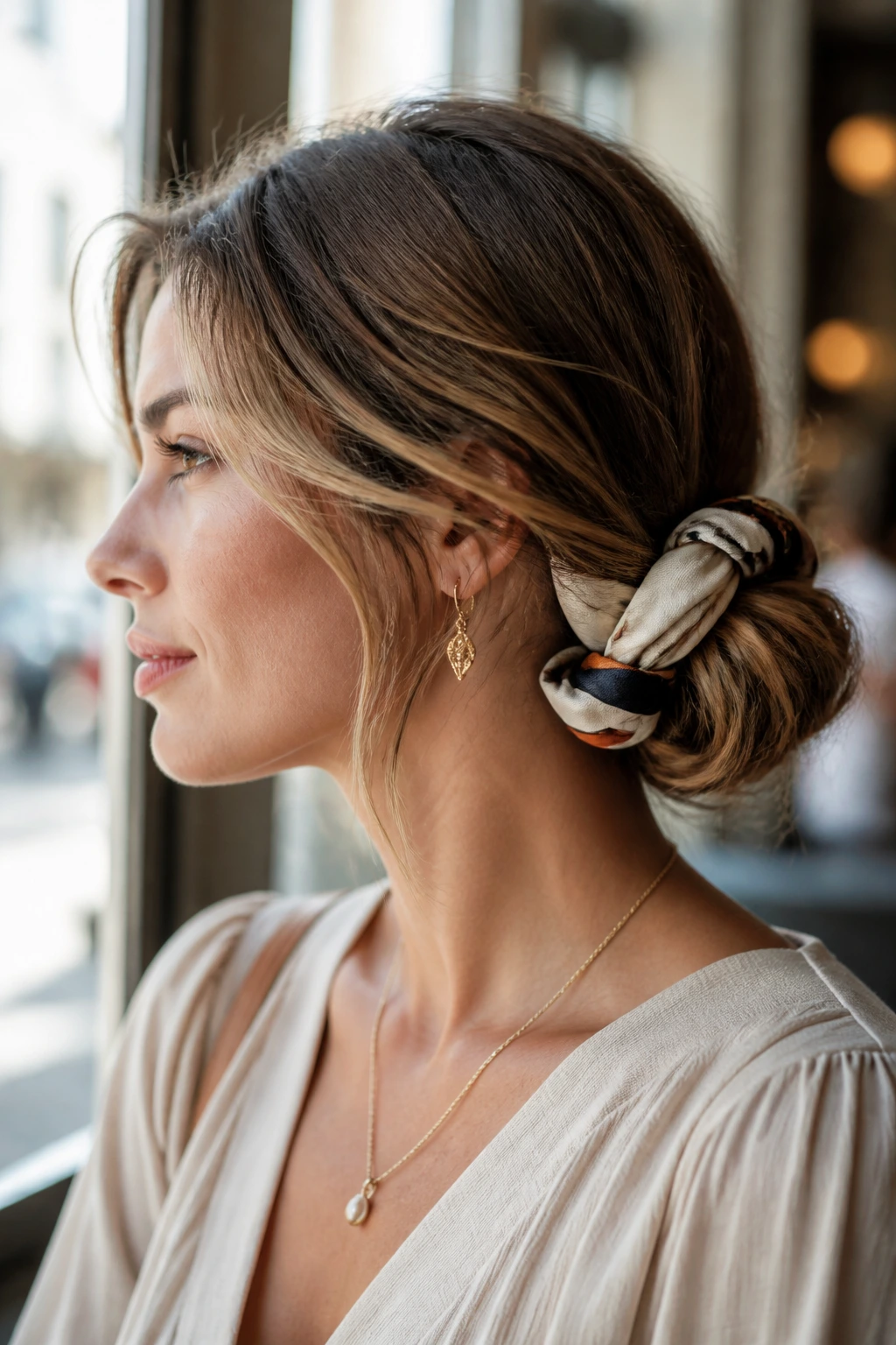 Close-up portrait of a real woman wearing a scarf-woven updo