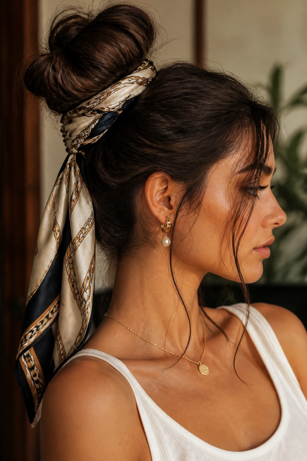 Close-up of real person wearing Scarf-Wrapped Bun with scarf wrapped around bun