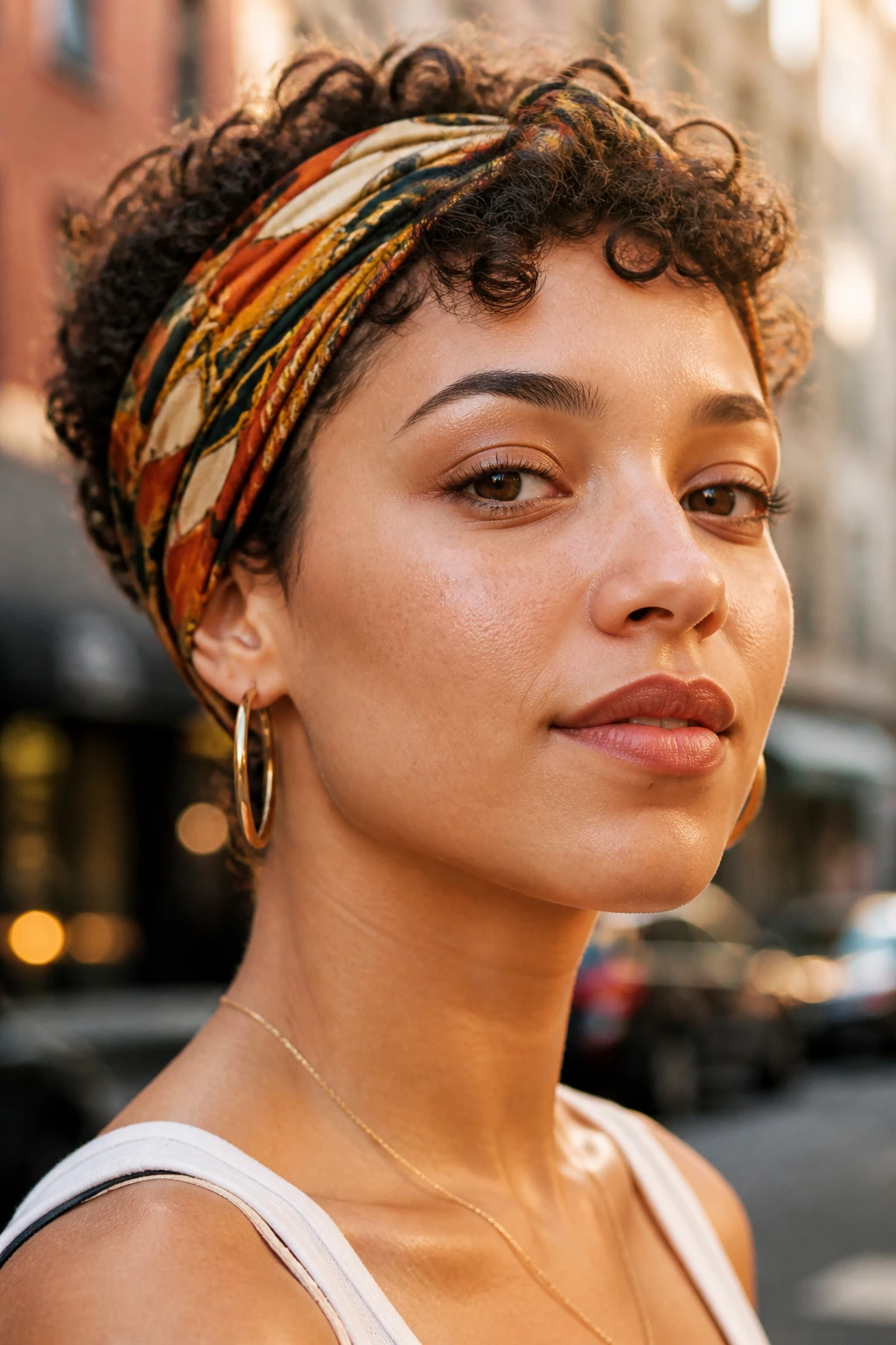 Real person with short curls peeking from a scarf-wrapped headband in an outdoor setting.