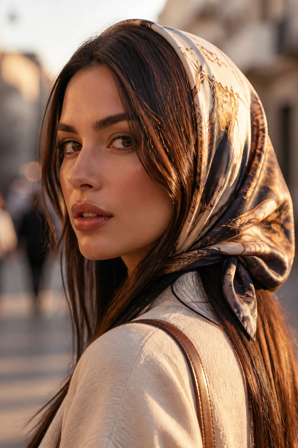 Close-up of a real woman wearing a wide scarf wrapped around the head with straight hair beneath