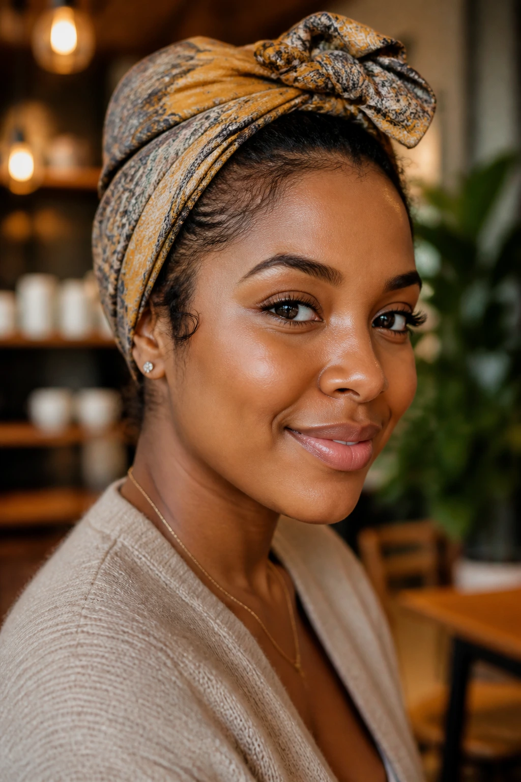 Real woman with scarf-wrapped head wrap hairstyle