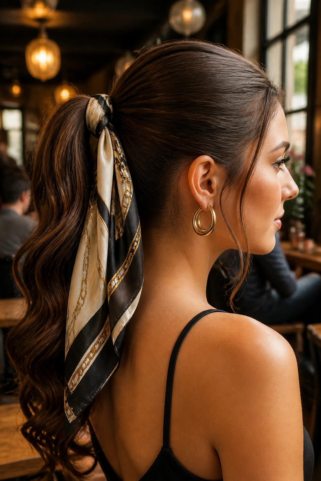 Close-up portrait of a real woman with scarf-wrapped ponytail in warm indoor light