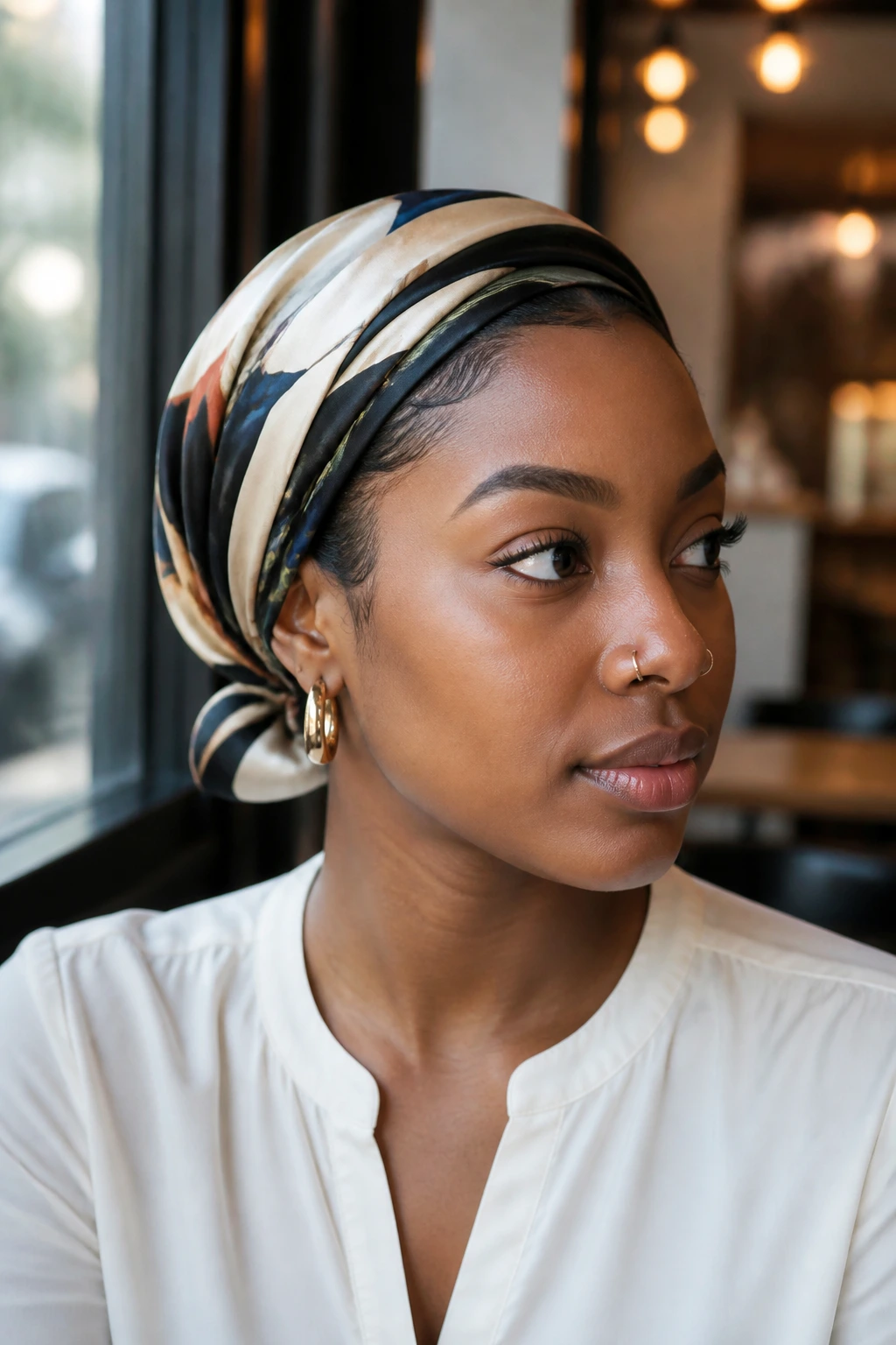 Close-up portrait of a real Black woman with scarf-wrapped head and tucked ends