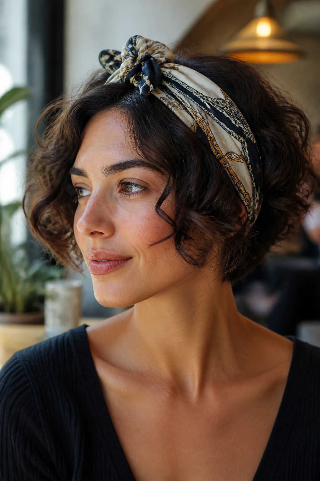 Close-up of a real person with a scarf-wrapped short wavy bob in a cafe setting