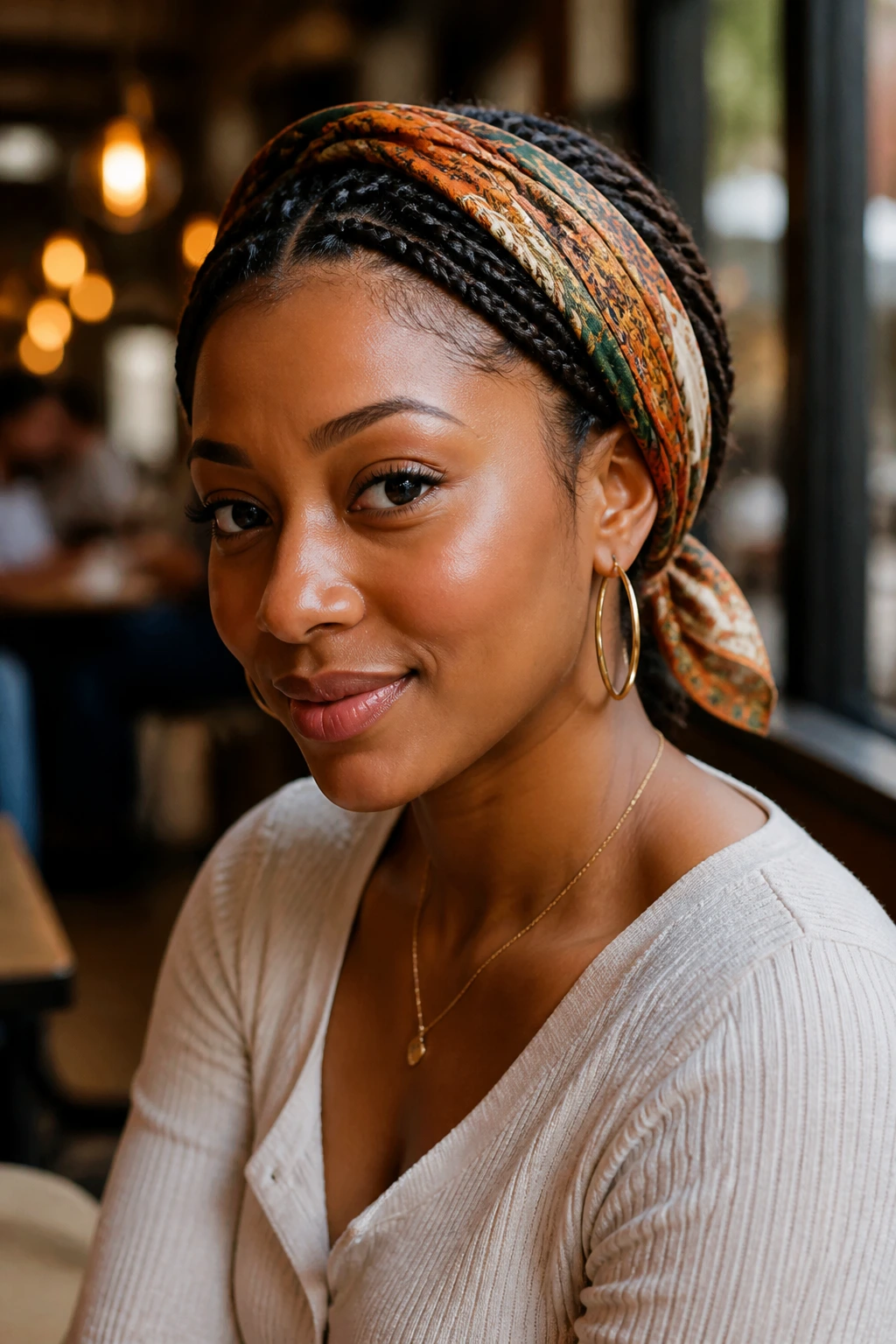 Three-quarter portrait of a real woman with scarf-wrapped box braids