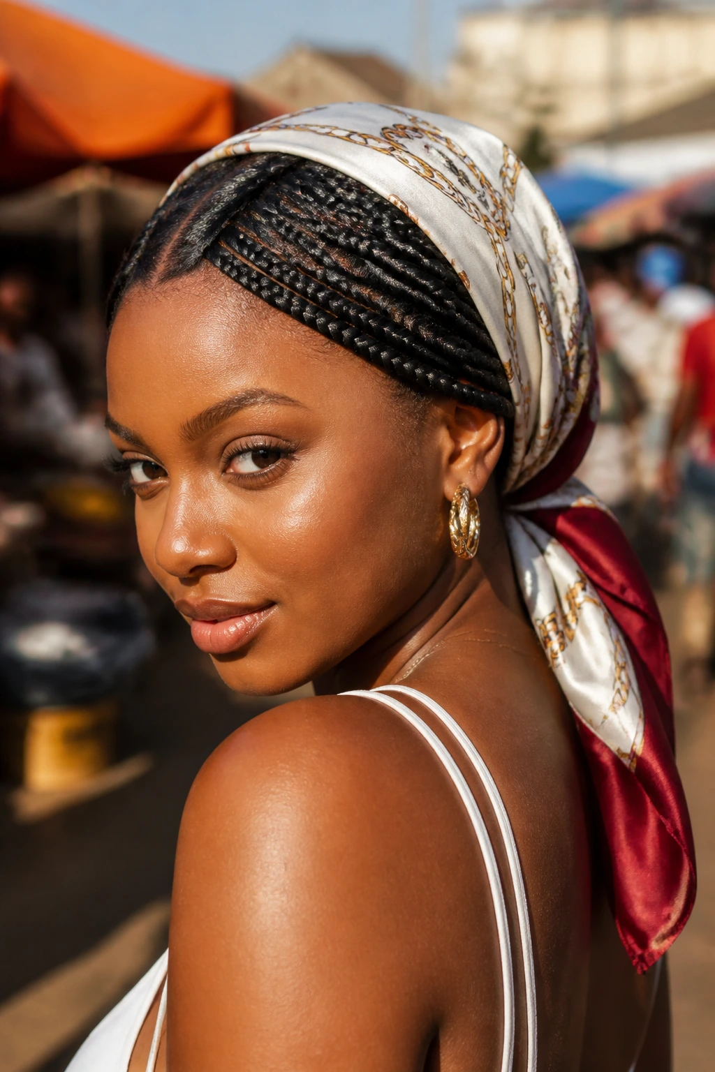 Real woman with scarf-wrapped box braids in silk scarf at street market