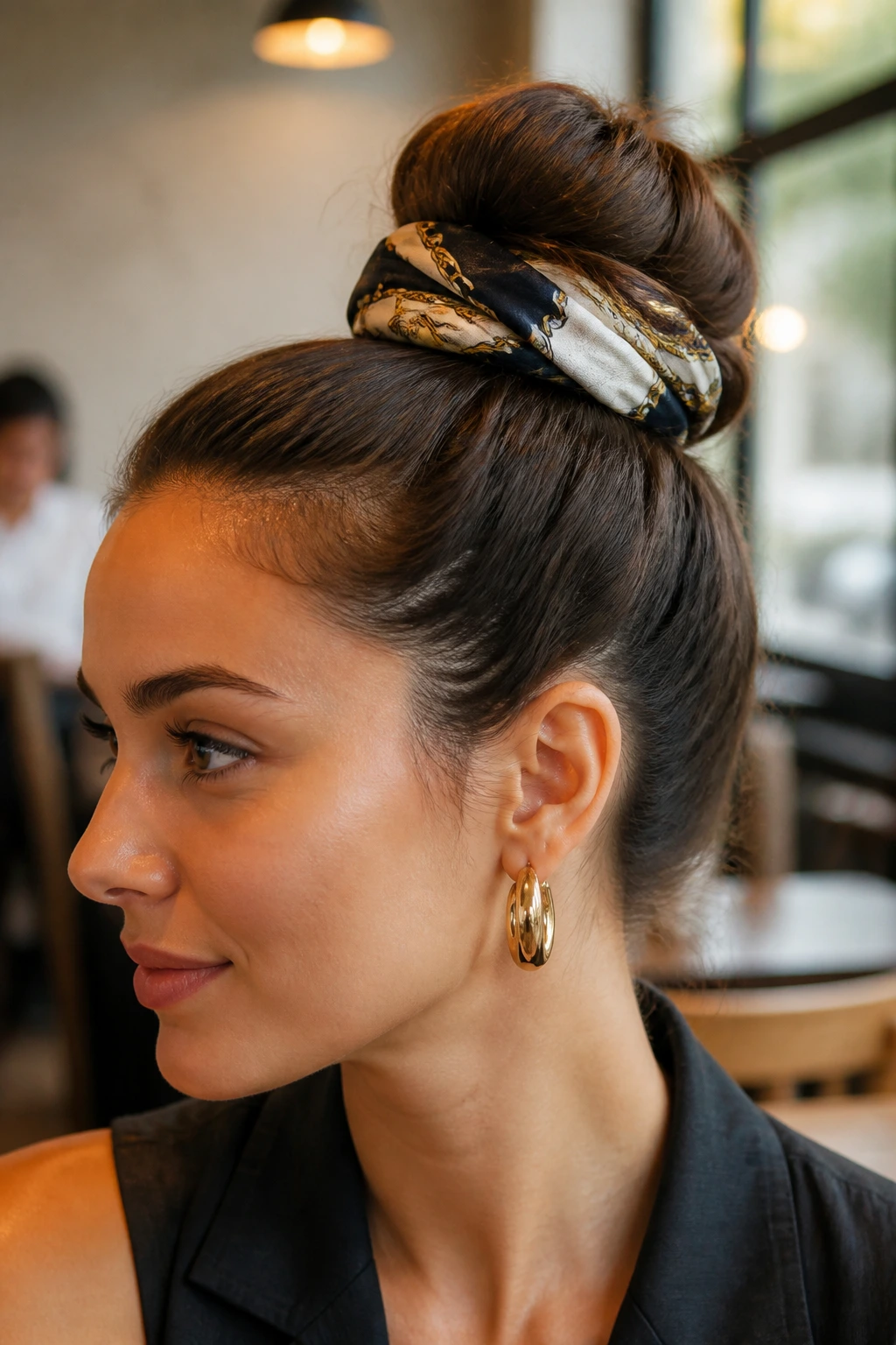 Close-up of a real woman with a scarf-wrapped high bun