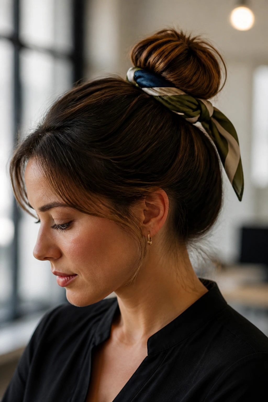 Close-up of a real woman wearing a scarf-wrapped bun in a professional office