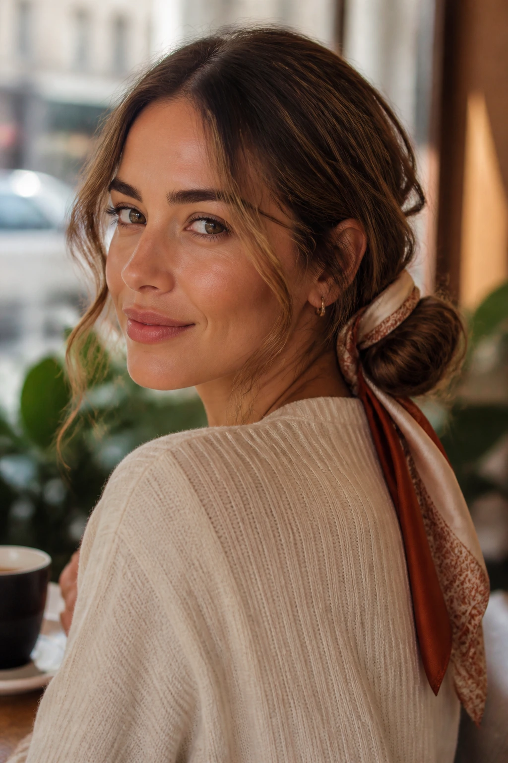 Close-up of a real woman with a scarf-wrapped bun