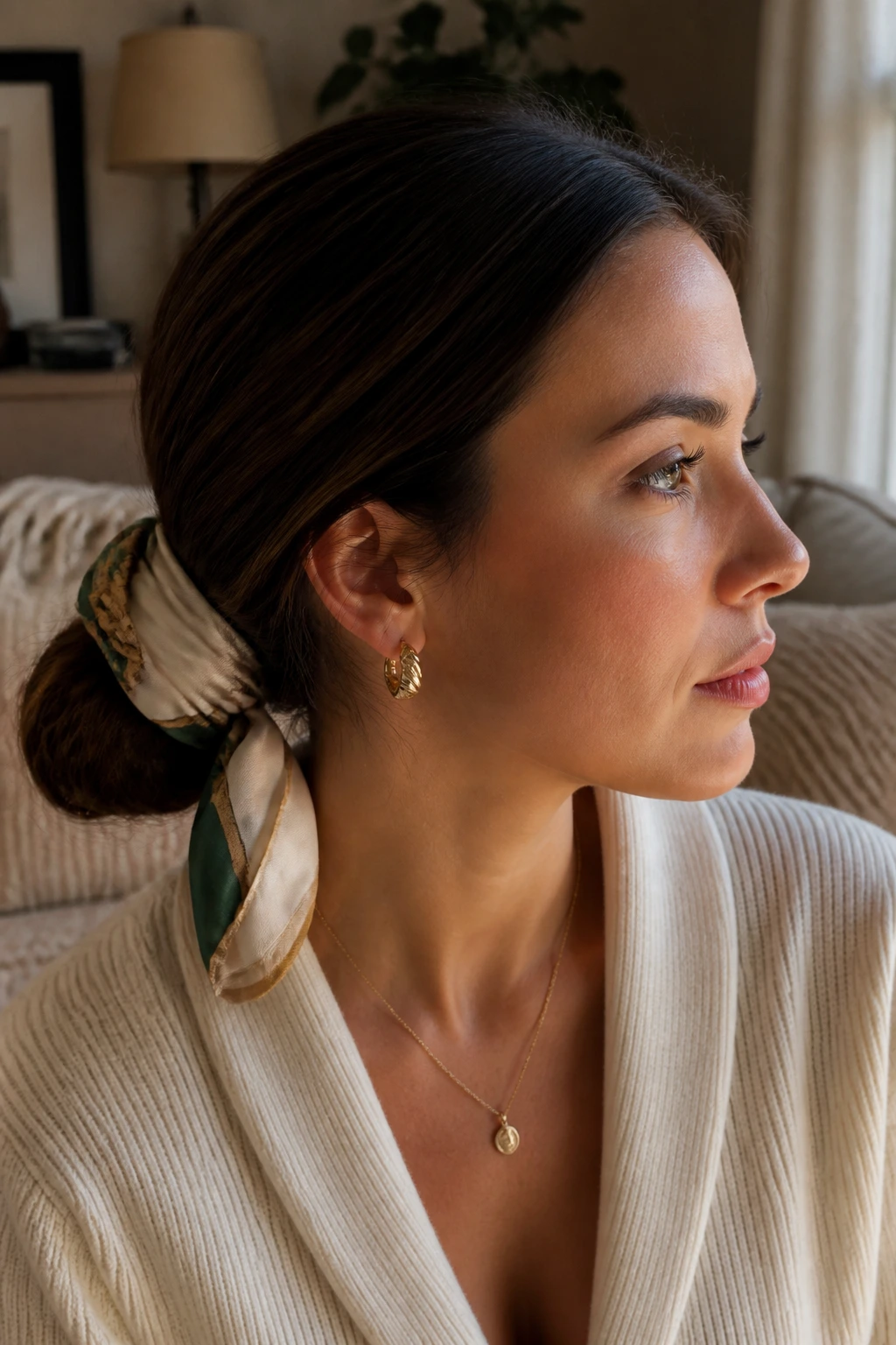 Real woman wearing scarf-wrapped low bun in cozy living room