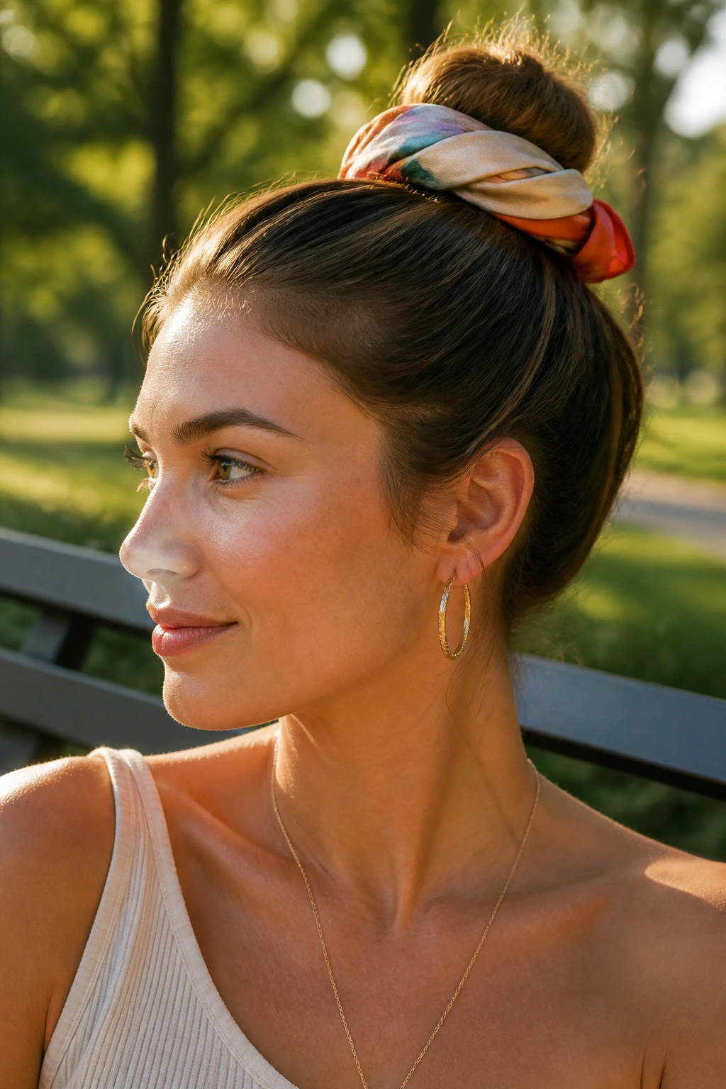 Scarf-wrapped bun on real woman with colorful scarf in outdoor setting