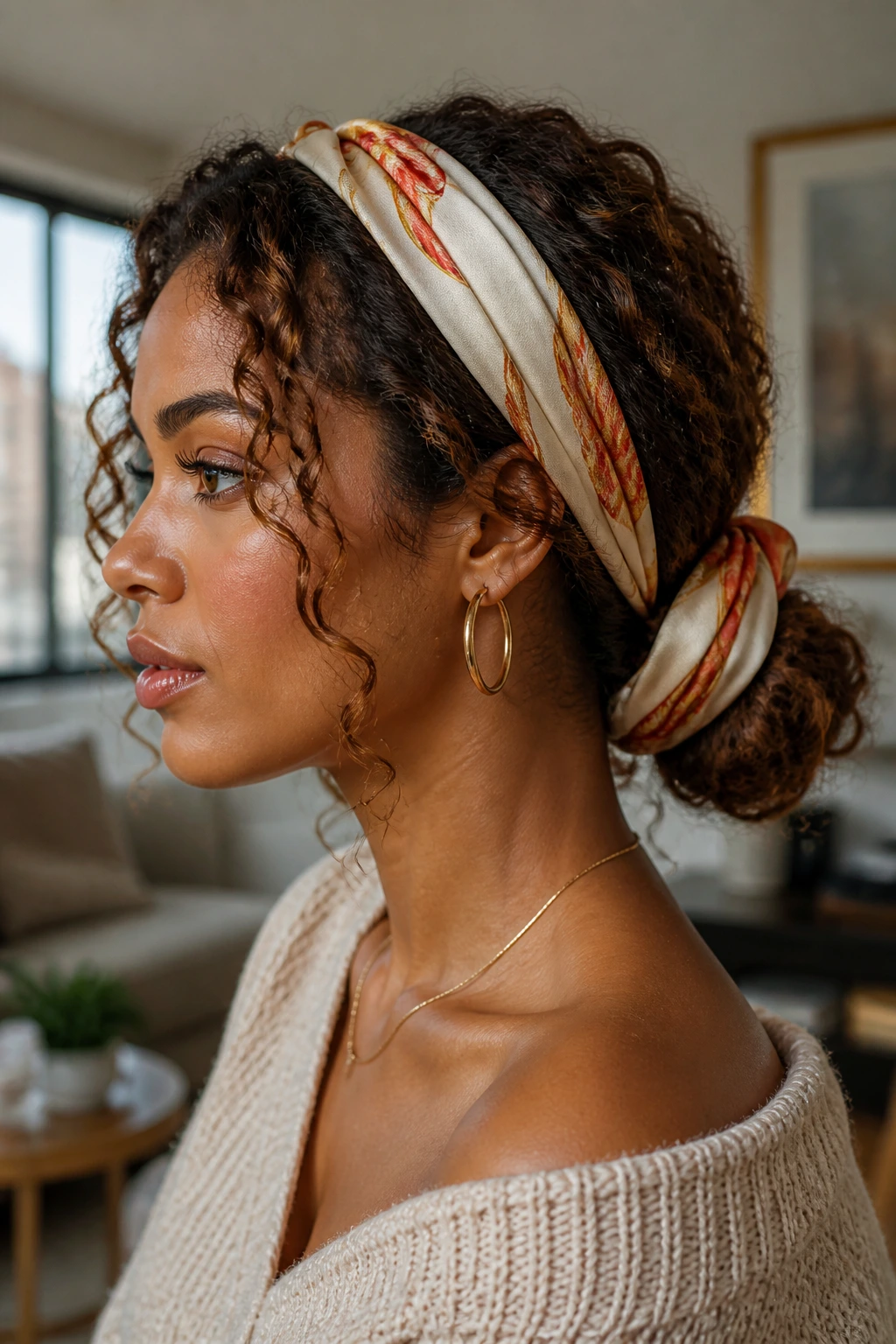 Close-up of a real woman with a silk scarf wrapped around a low bun.