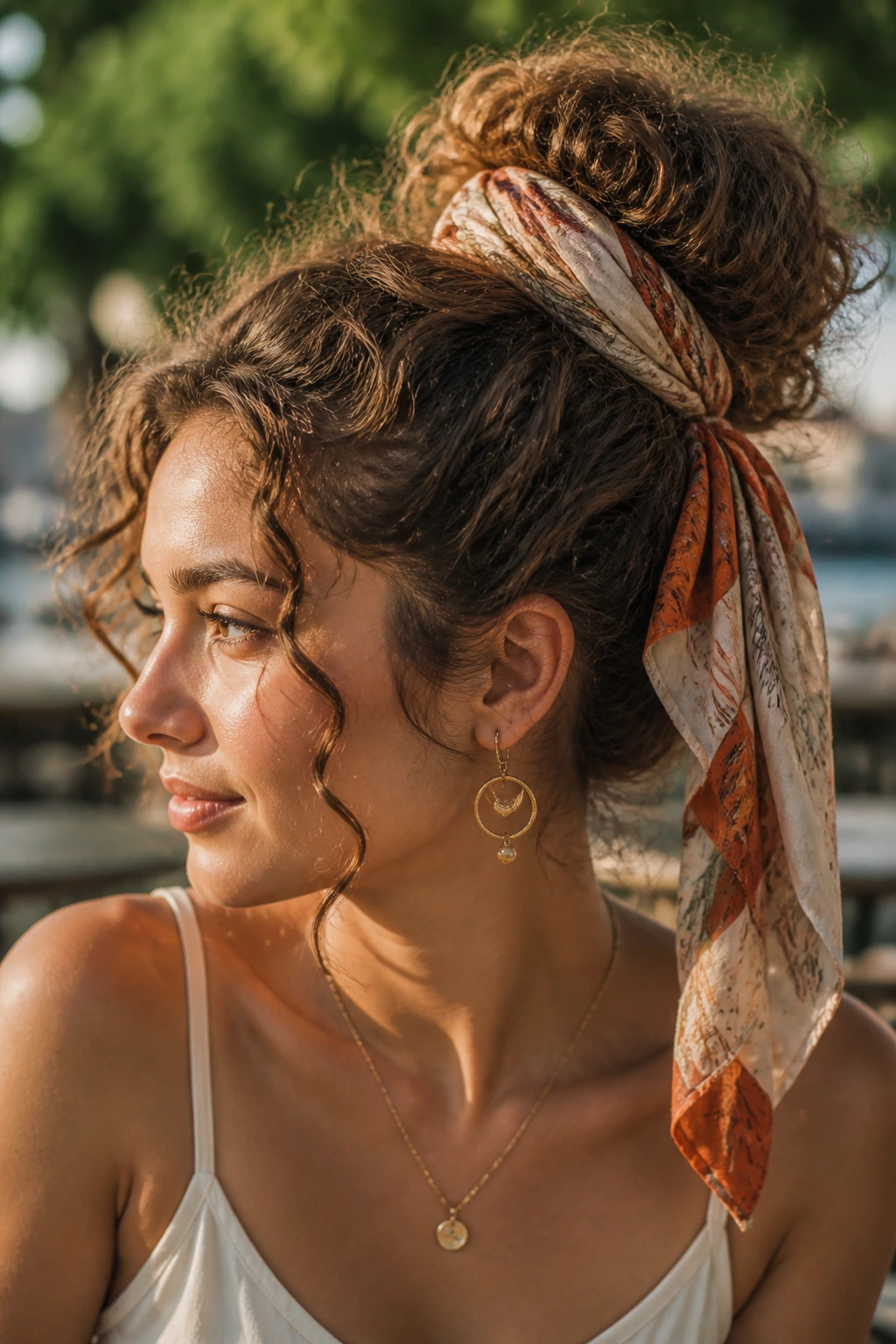Side view of a real person with a scarf-wrapped bun outdoors