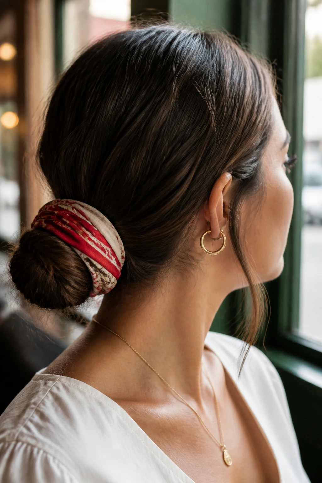 Close-up of scarf-wrapped bun on a real woman in cafe setting