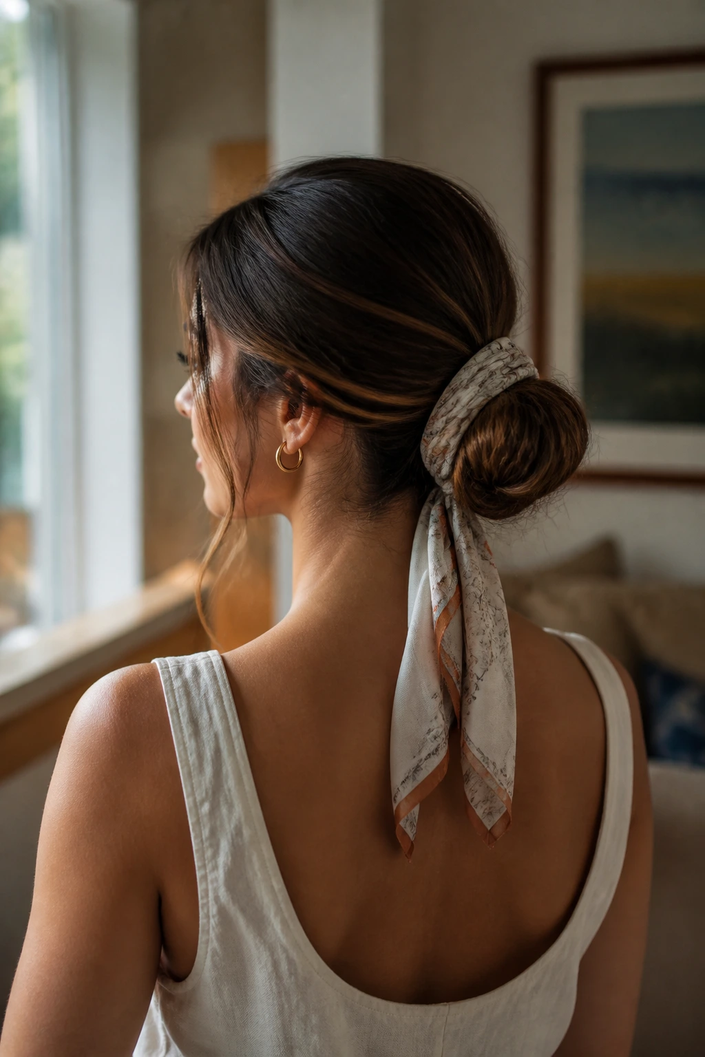 Real woman with a scarf-wrapped bun in a sunlit living room