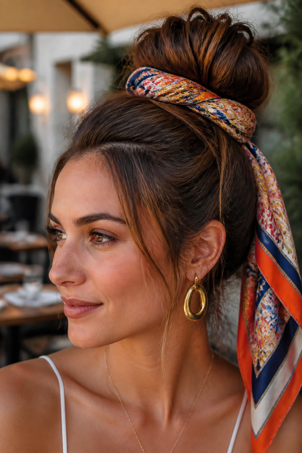 Close-up of a real woman wearing a scarf-wrapped bun outdoors at a cafe