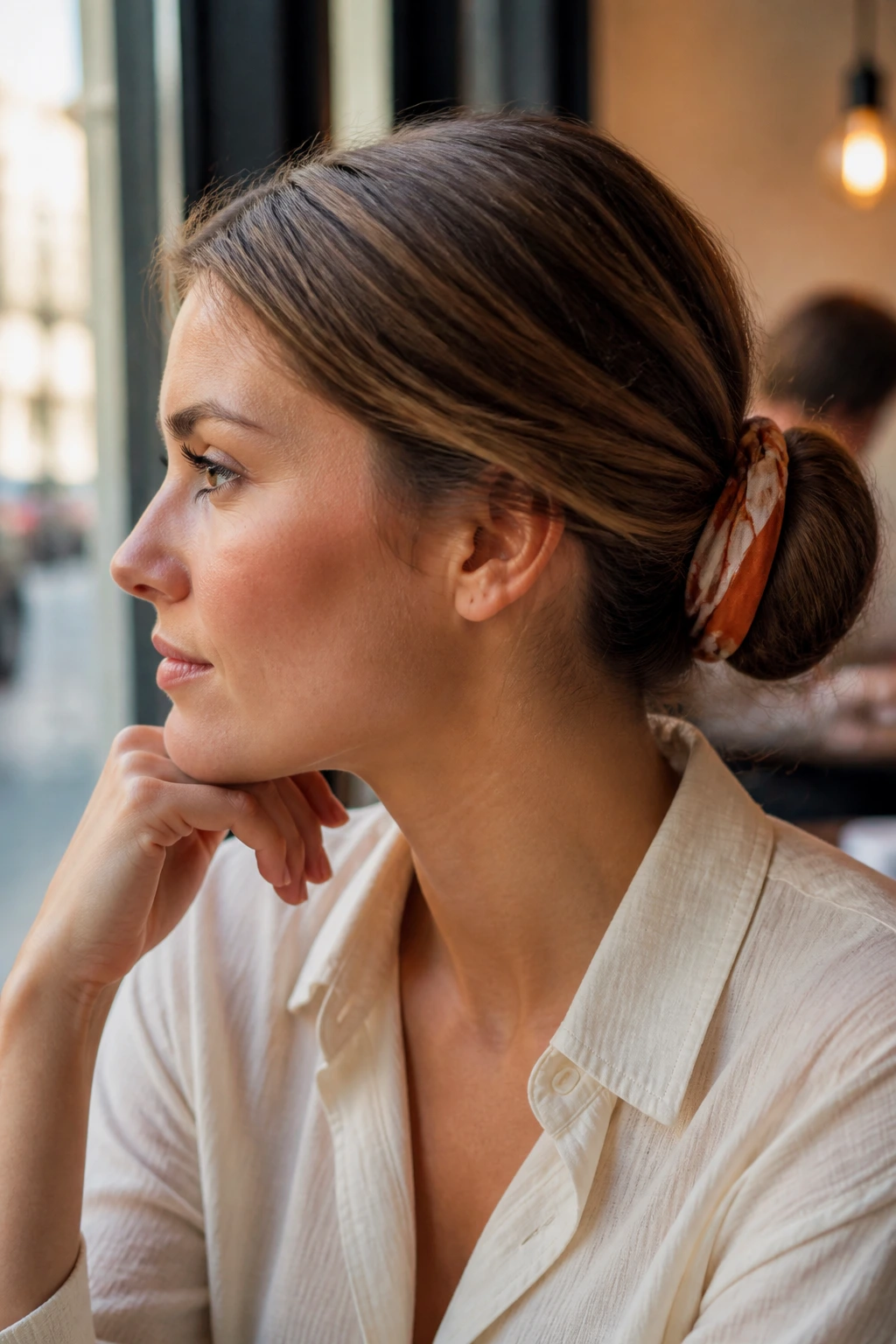 Close-up of scarf-wrapped bun on a real woman's head