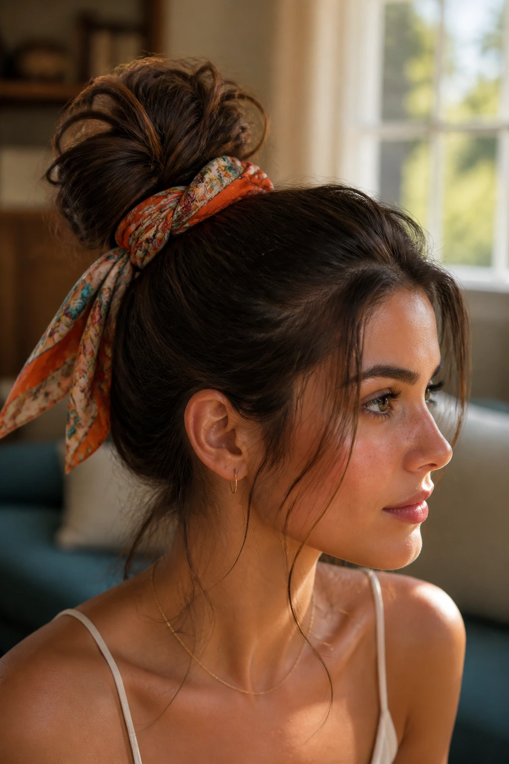 Close-up of a real woman wearing a scarf-wrapped bun in a cozy living room.