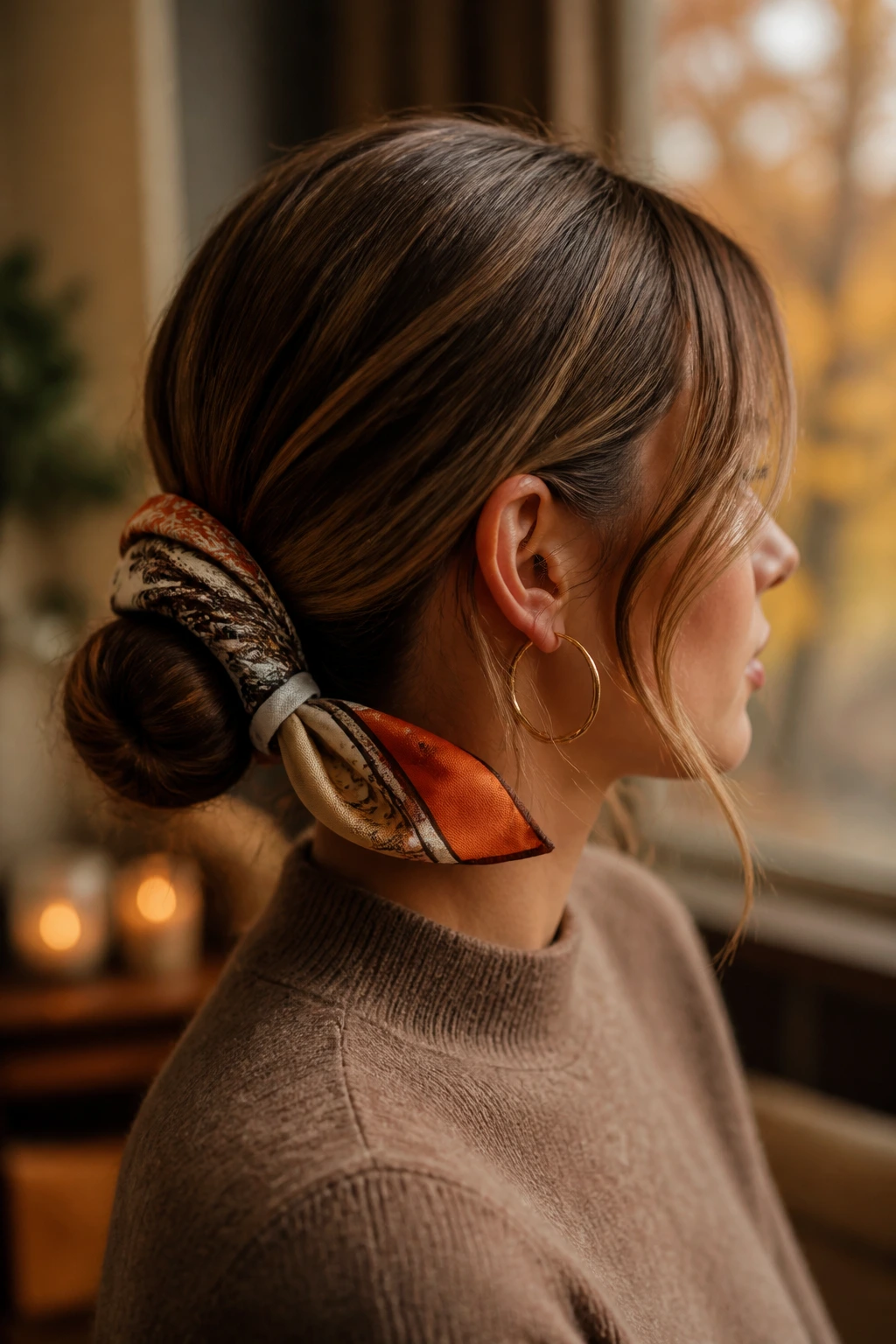 Close-up of a real woman with a scarf-wrapped bun in a warm autumn interior