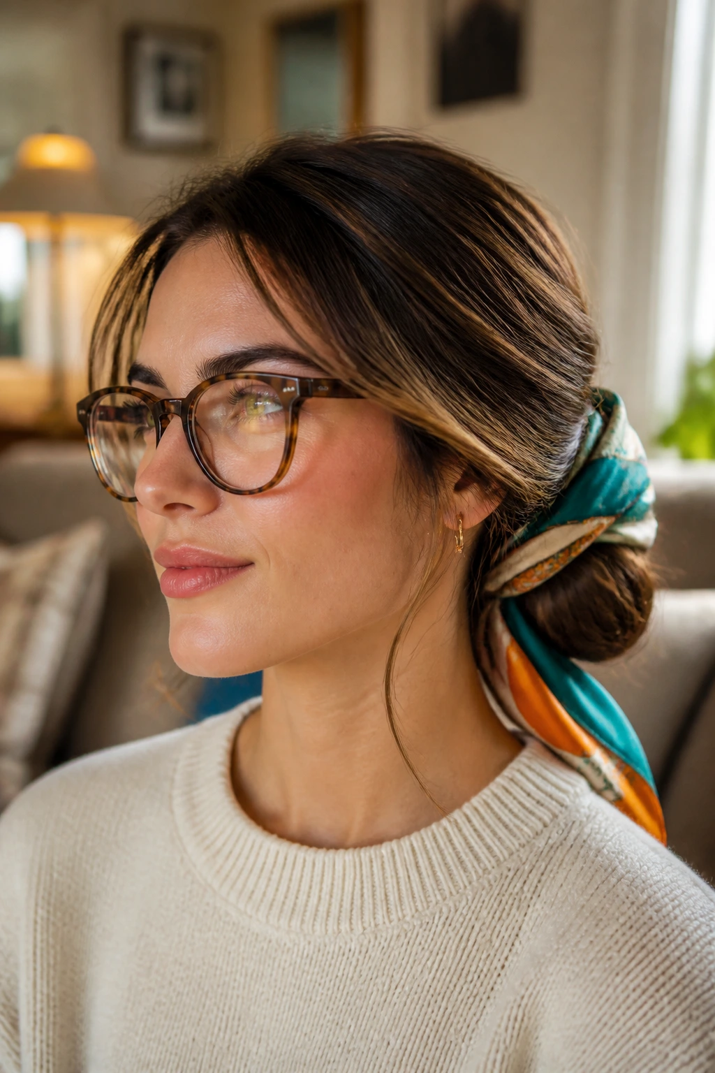 Close-up of a real woman with glasses wearing a scarf-wrapped low chignon