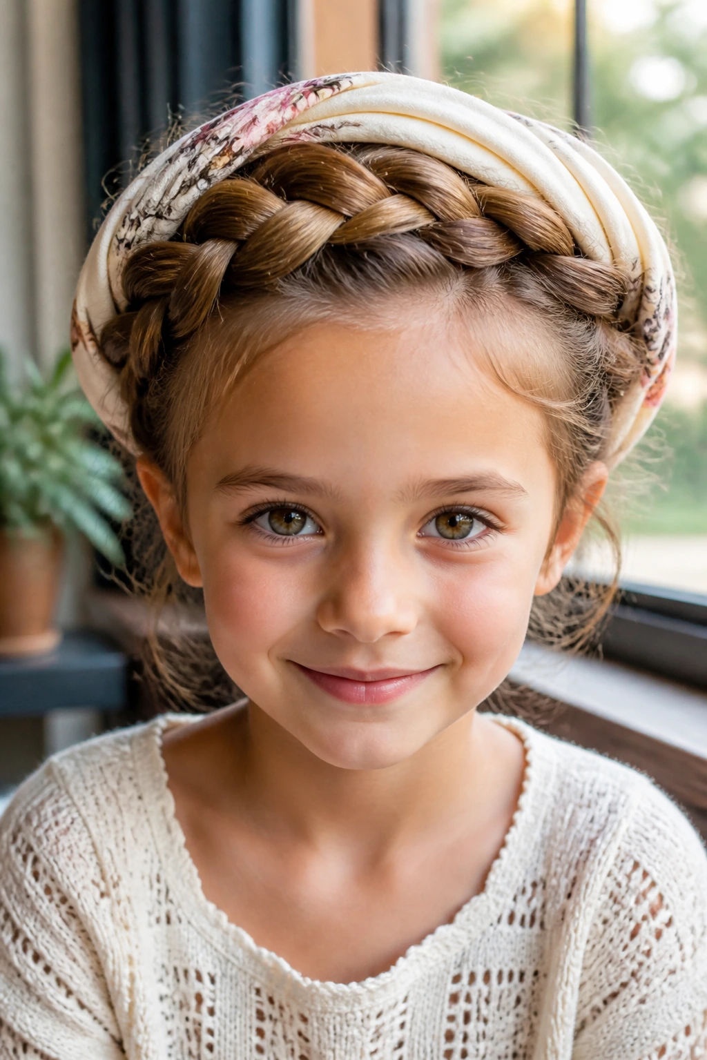 Close-up of a girl with scarf-wrapped crown twist hairstyle