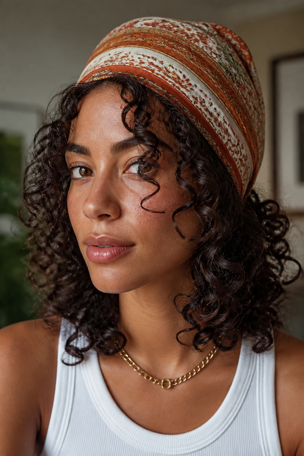 Real person with scarf-wrapped shoulder-length curls