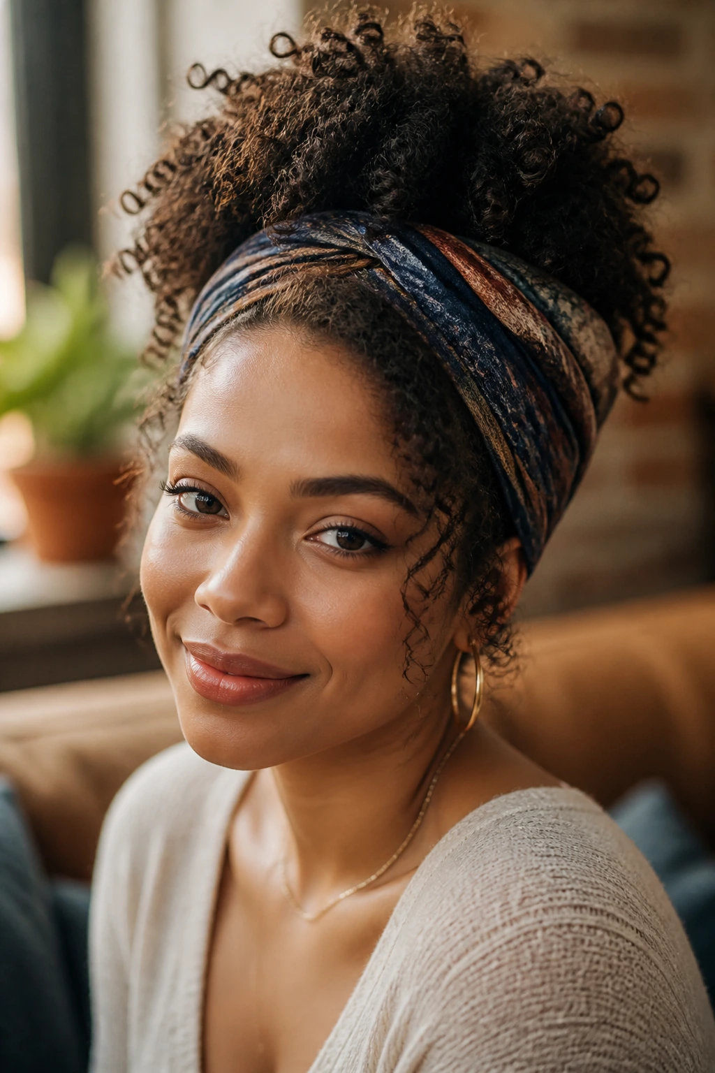 Real woman with scarf-wrapped curly puff hairstyle