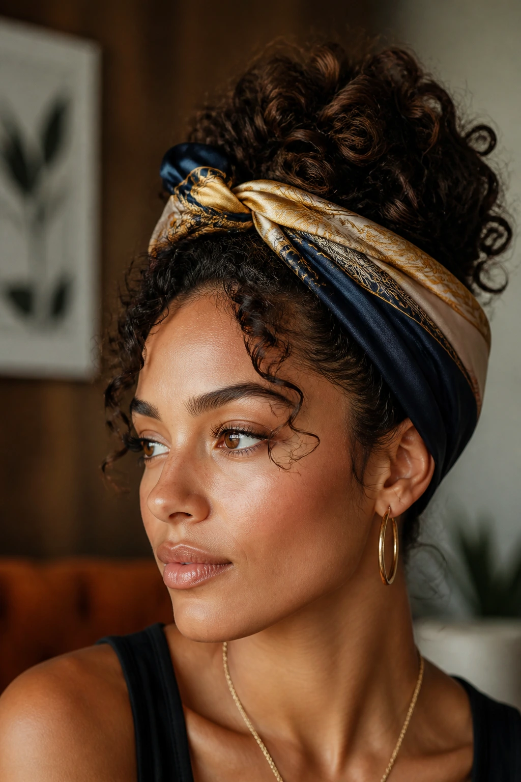 Portrait of a real woman wearing a scarf-wrapped curly updo.