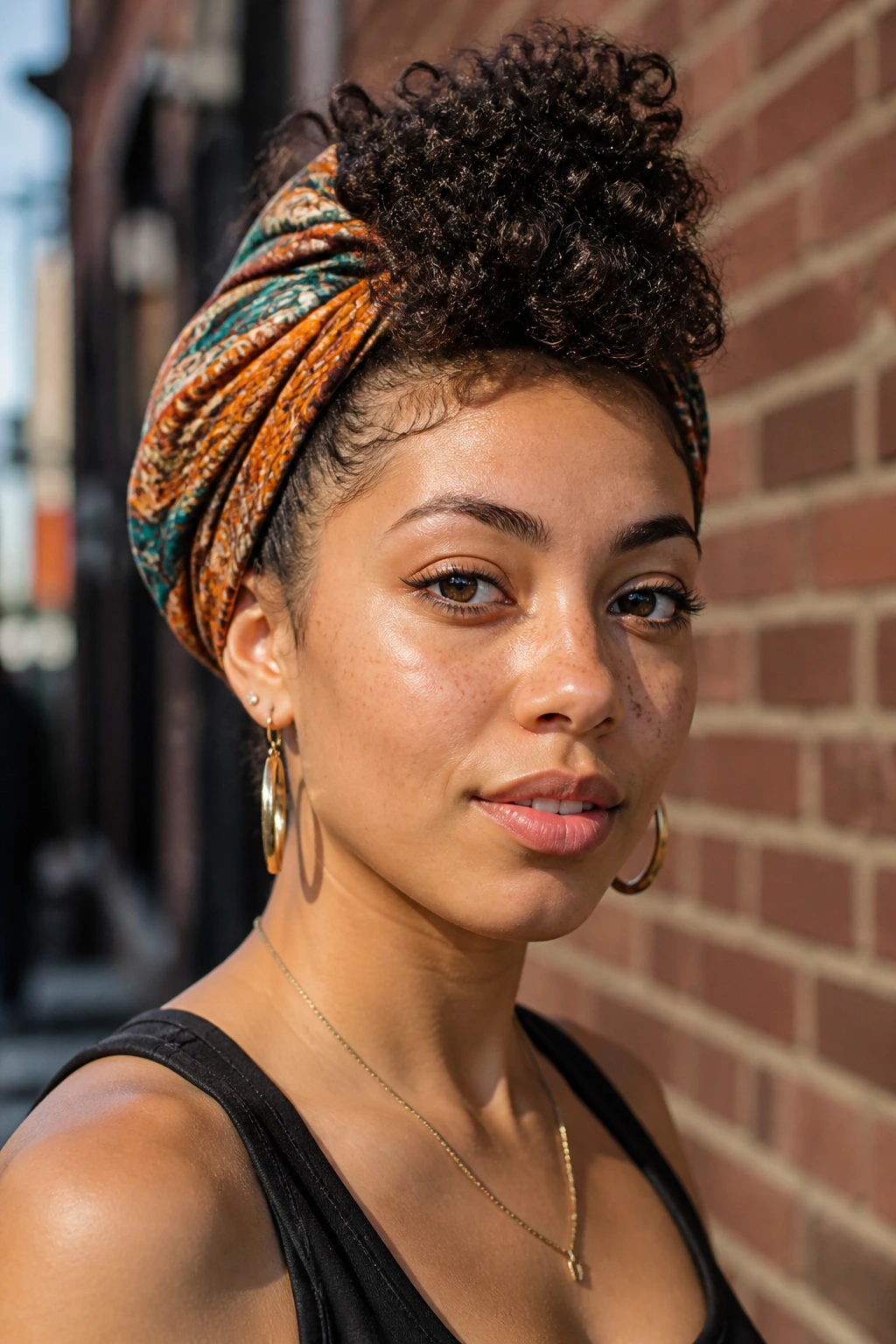 Real person with scarf-wrapped faux hawk hairstyle on a sunlit street