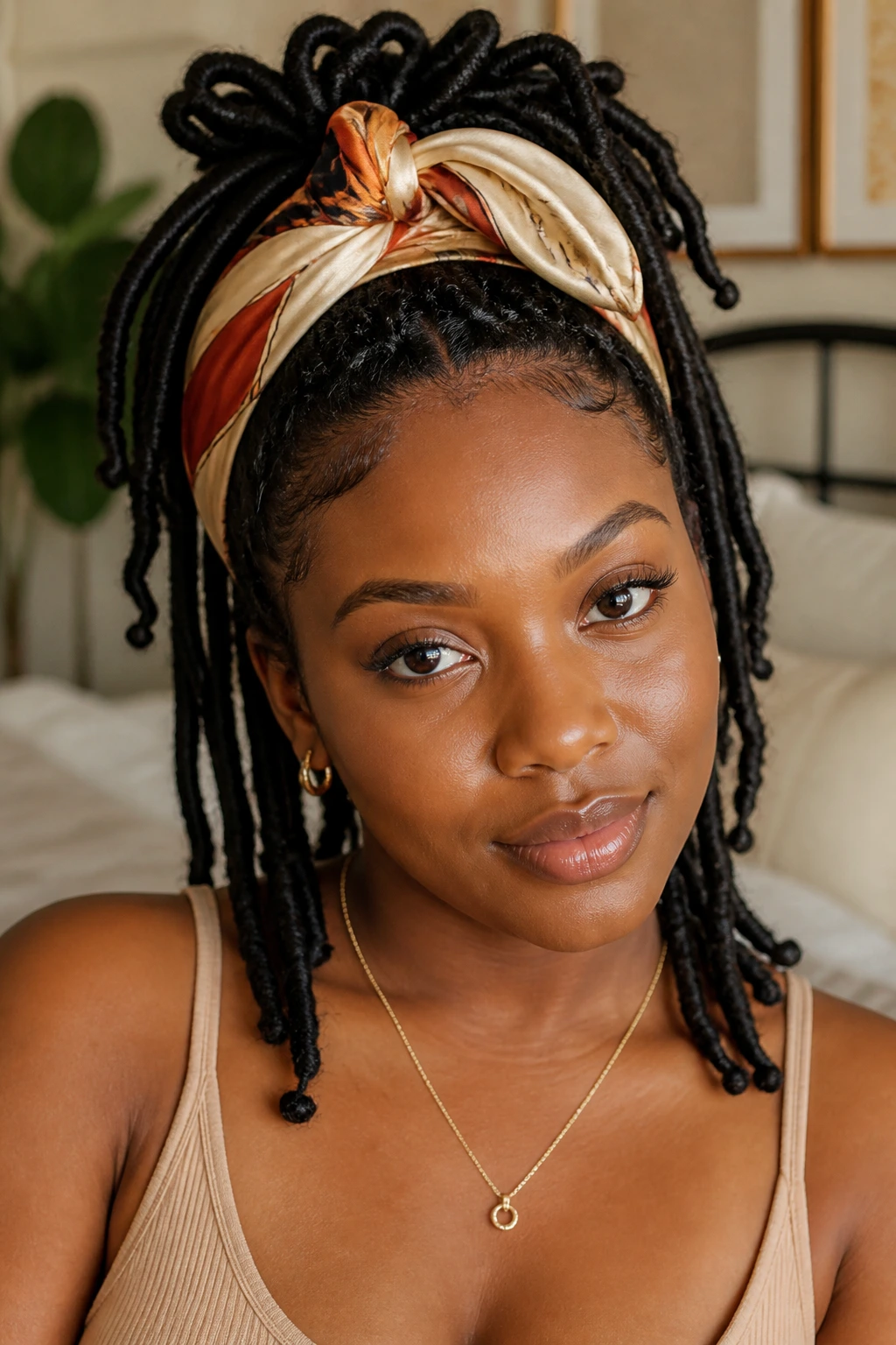 Close-up of a real person with scarf wrapped faux locs around the crown