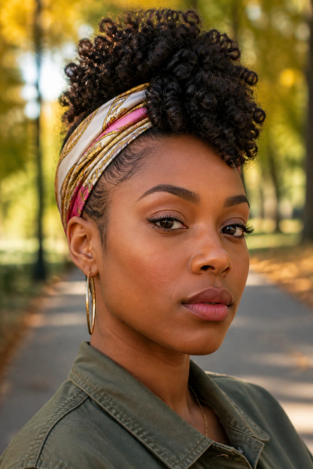 Close-up of a real Black woman with scarf-wrapped hawk, silk scarf wrapped around base.