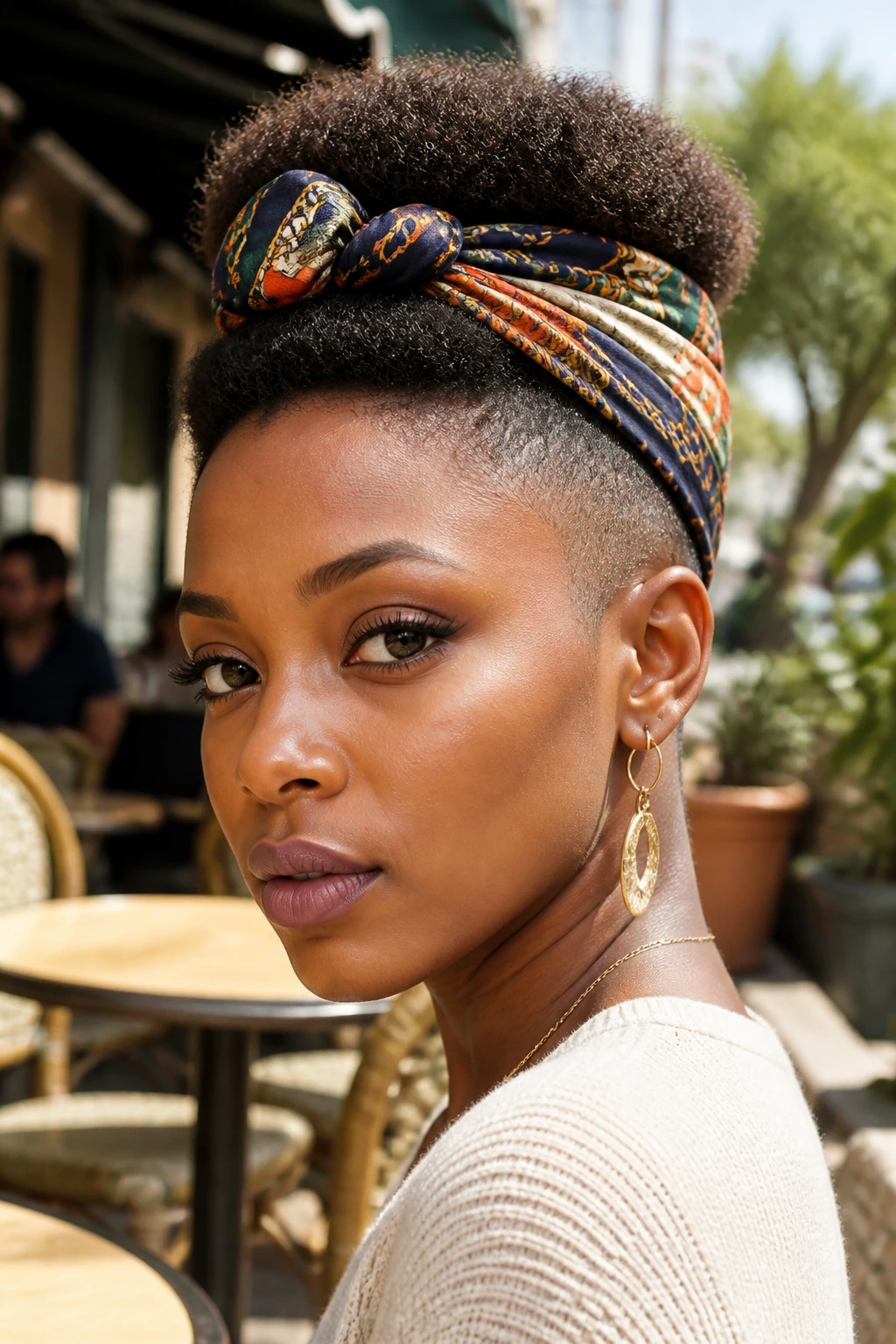Close-up of a real Black woman with scarf-wrapped high top fade