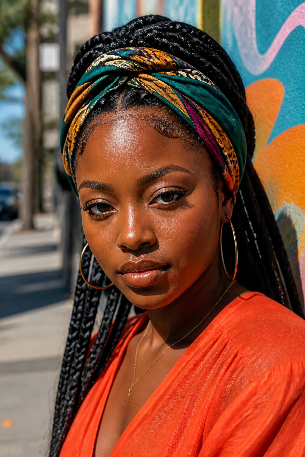 Real woman with scarf-wrapped jumbo box braids
