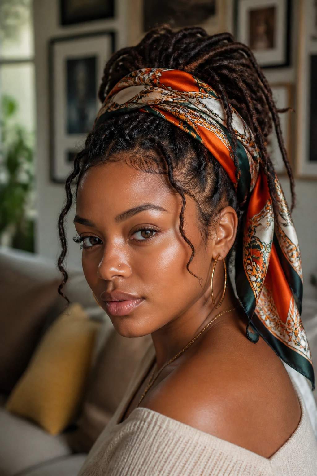 Close-up portrait of Scarf-Wrapped Goddess Locs on a real woman indoors.