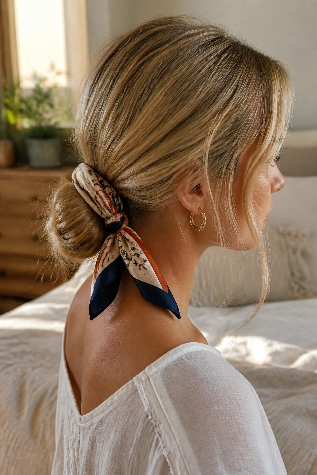 Close-up portrait of a real woman with scarf-wrapped low knot at nape