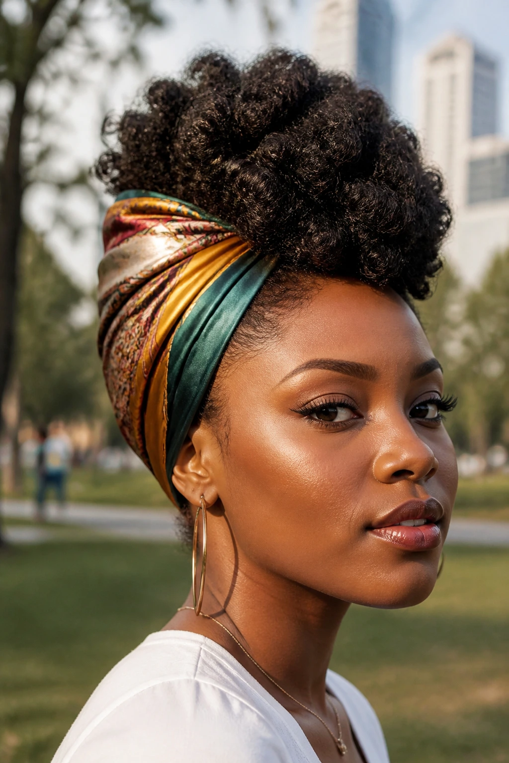 Close-up portrait of a real person wearing a scarf-wrapped mohawk with a frame-around scarf