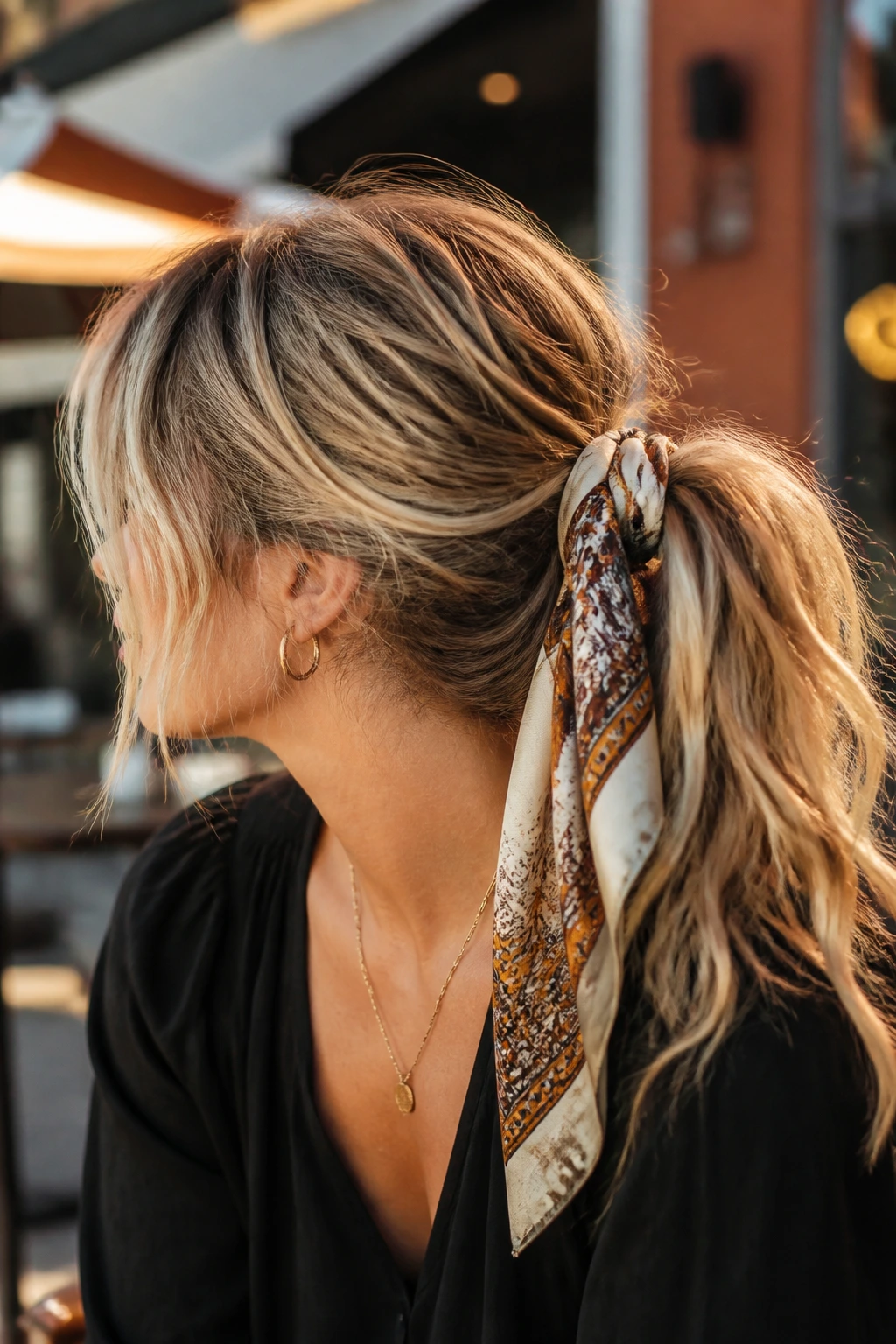 Real woman with scarf-wrapped messy ponytail in outdoor cafe setting