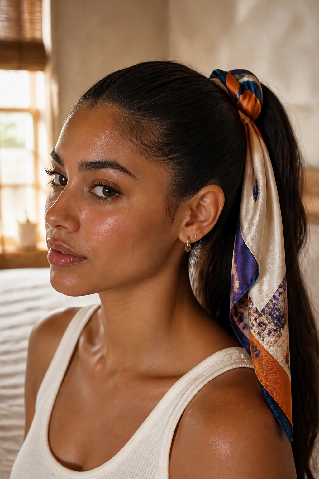 Close-up of a real woman with a scarf-wrapped ponytail under warm window light