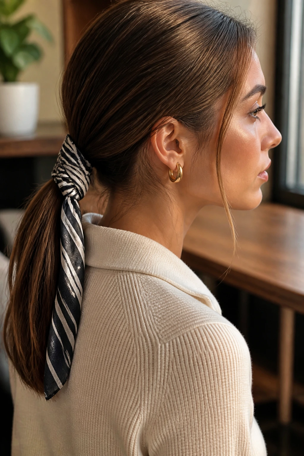 Close-up of a real woman with a scarf-wrapped ponytail hairstyle