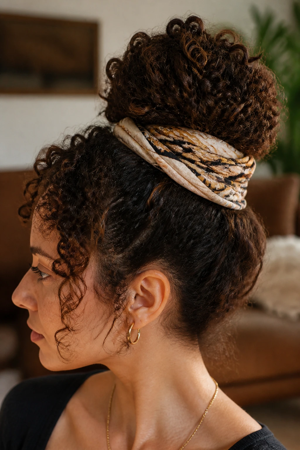 Close-up of real woman with scarf-wrapped puff bun